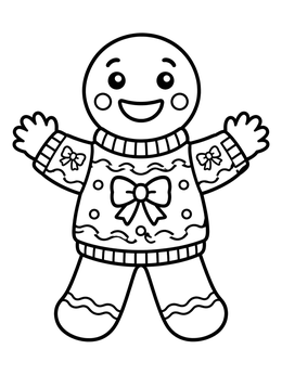 Cheerful gingerbread man wearing a festive ugly sweater coloring page.