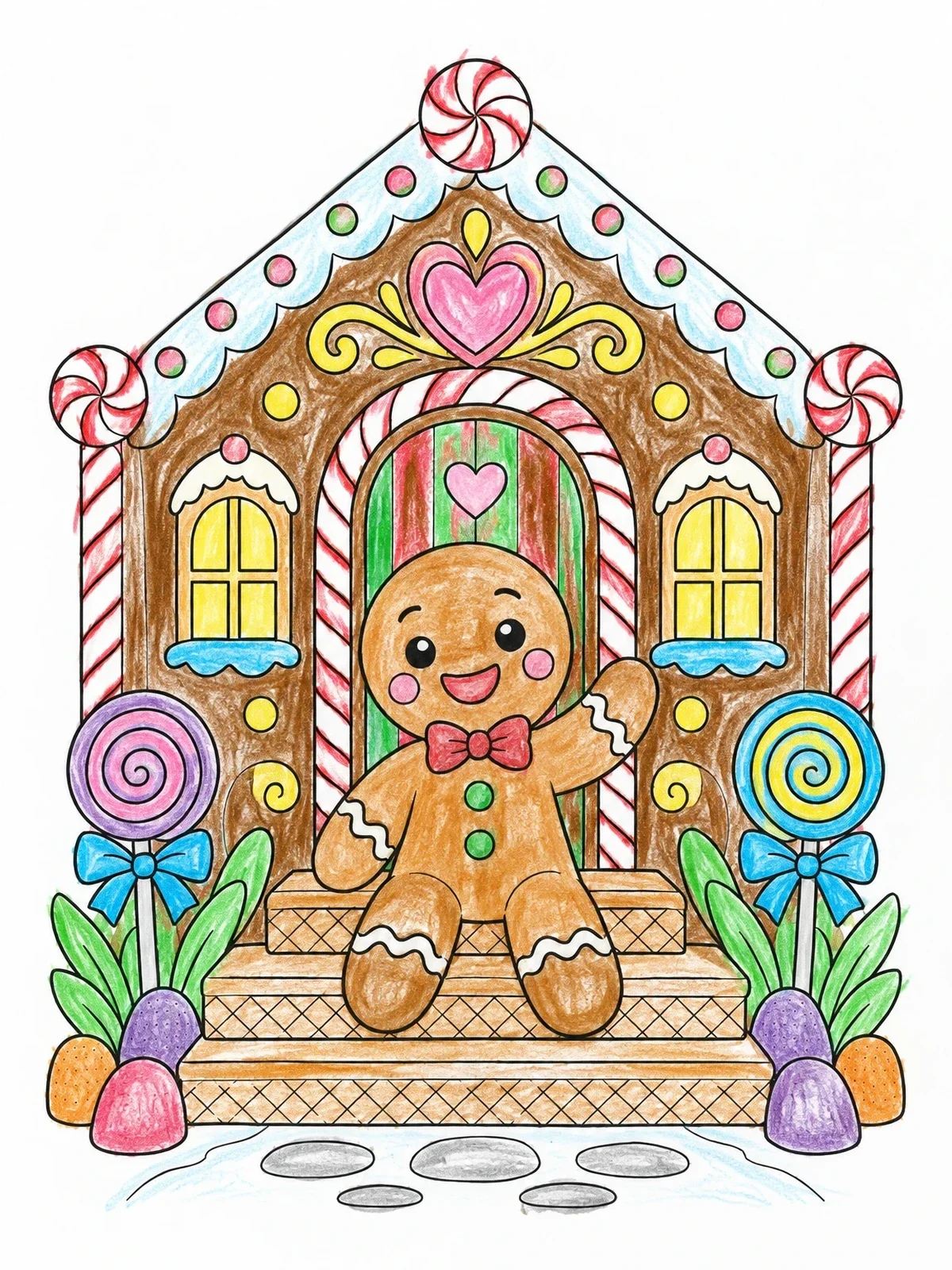 Colored example of the Gingerbread Man At Candy House coloring page