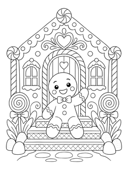 A cheerful gingerbread man waving on this candy house coloring page.
