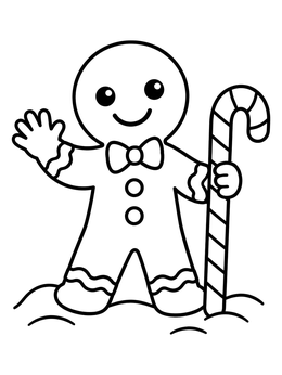 A happy gingerbread man holding a candy cane coloring page in the snow.