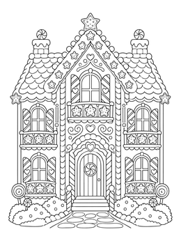 A detailed christmas house coloring page featuring a symmetrical gingerbread manor with candy trims.