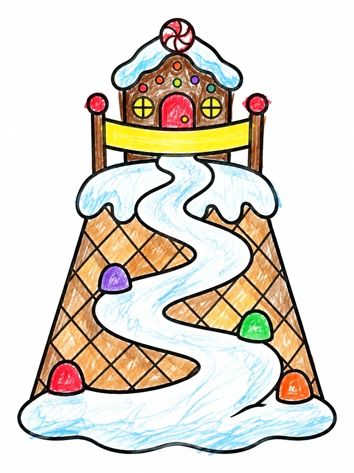 Colored example of the Gingerbread House Finish Line Mountain coloring page