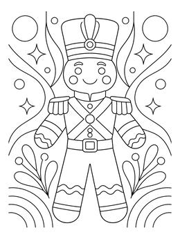 A cute gingerbread soldier stands tall in this festive nutcracker coloring page.