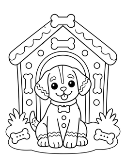 A cheerful puppy outside a dog kennel on this gingerbread house coloring page.