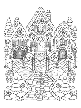 Detailed gingerbread house coloring page featuring three candy cottages and an arched bridge over water.