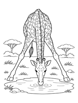 A giraffe coloring page showing the animal leaning down to drink from a waterhole.