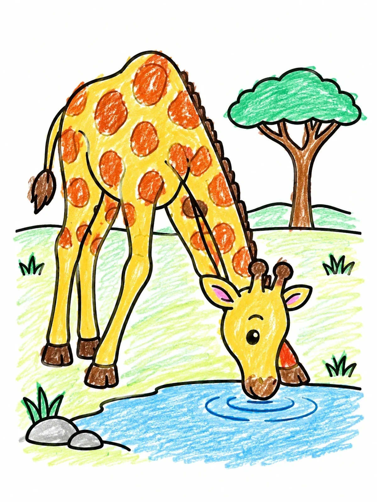 Colored example of the Giraffe Drinking At The Waterhole coloring page
