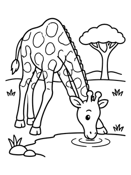 Free printable Giraffe Drinking At The Waterhole coloring page