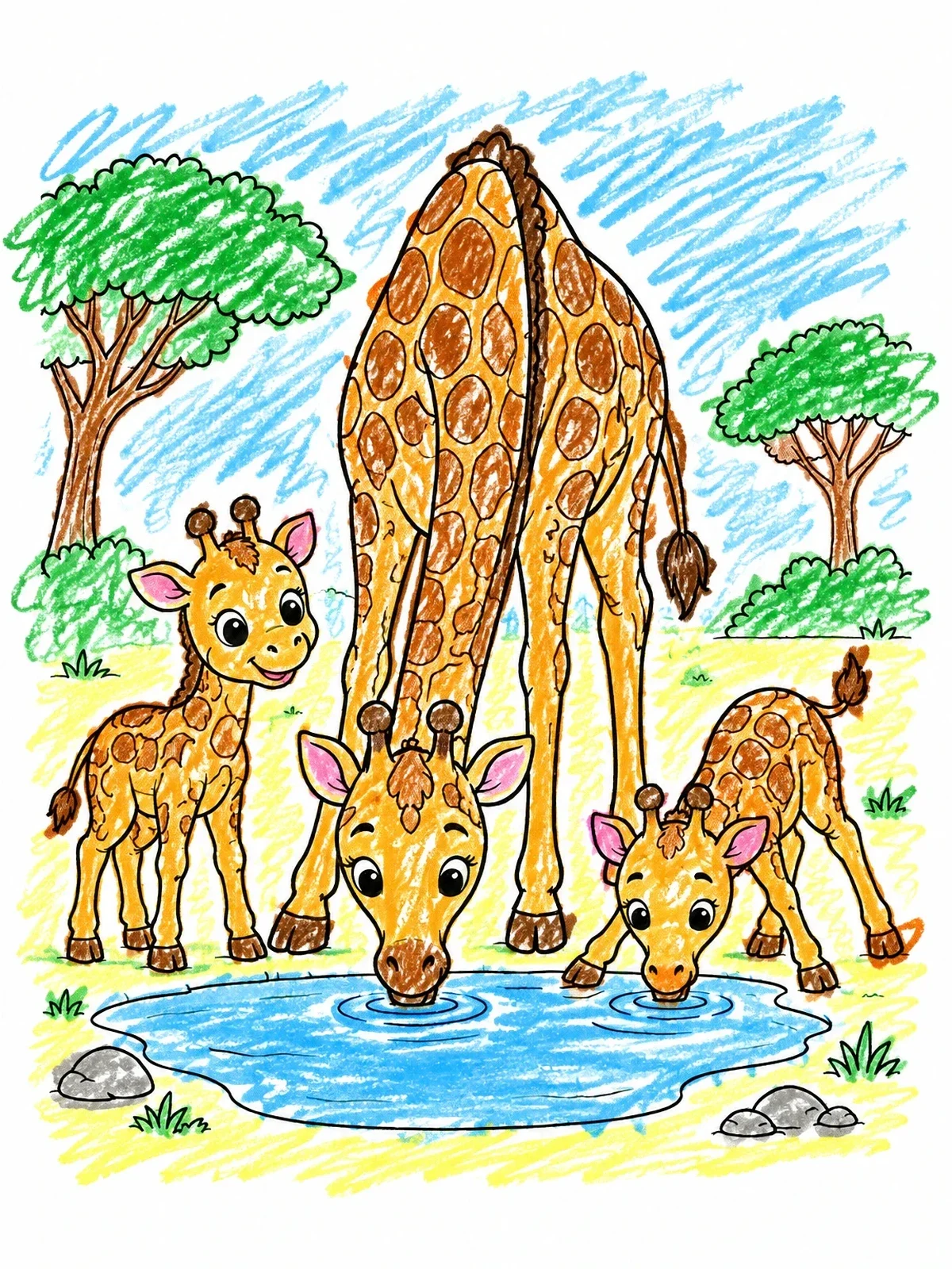 Colored example of the Giraffe Family At The Waterhole coloring page