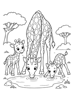 A mother and two calves drink in this giraffe coloring page.