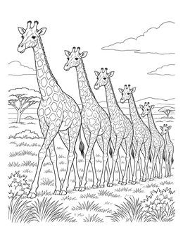 A giraffe coloring page showing a herd of giraffes walking across the African savanna.