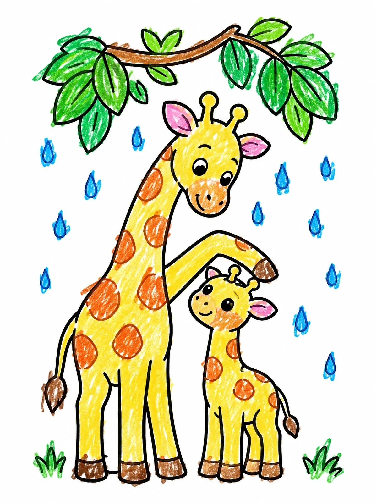 Colored example of the Giraffe Mother And Baby In The Rain coloring page