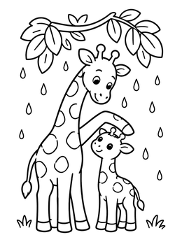 A cute giraffe coloring page with a mother sheltering her baby under leafy branches in the rain.