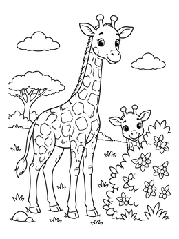 A friendly giraffe coloring page featuring a mother giraffe and her baby peeking from a bush.