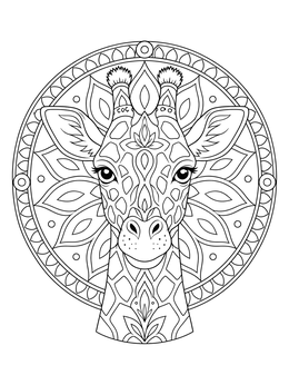A detailed giraffe coloring page centered inside an intricate floral mandala frame.
