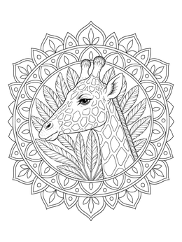 An intricate giraffe coloring page framed by leaves and a floral mandala pattern.