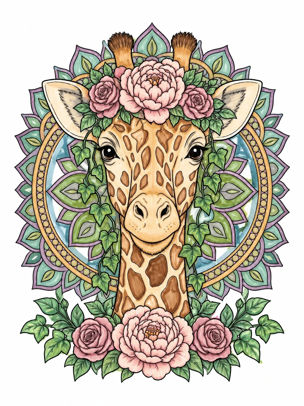 Colored example of the Giraffe Portrait With Floral Mandala coloring page