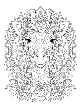 An intricate giraffe coloring page framed by blooming roses and a circular mandala.