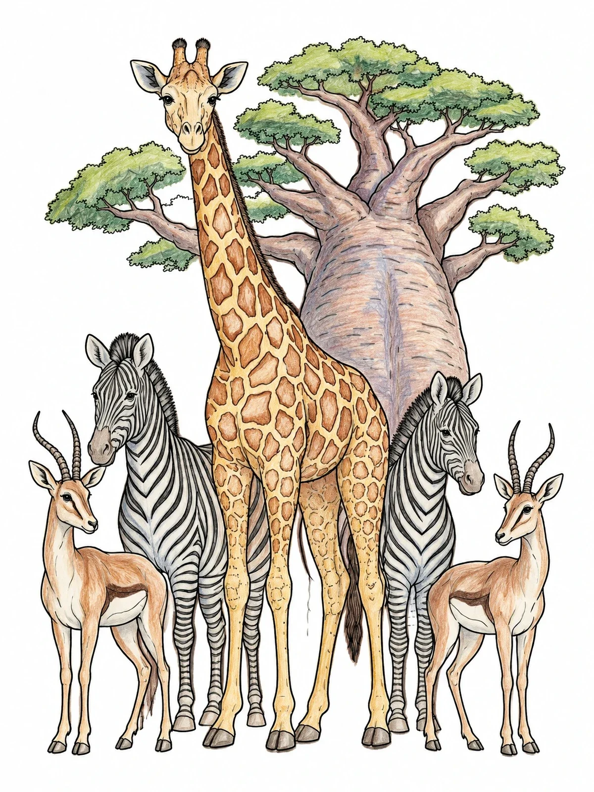Colored example of the Giraffe With Zebras And Gazelles Near Baobab coloring page