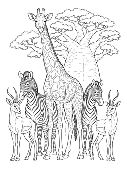 A giraffe standing with zebras and gazelles before a large baobab in this giraffe coloring page.