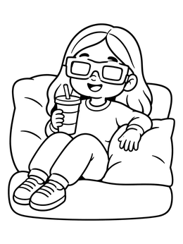 A smiling girl with 3D glasses and a drink relaxes on a sofa in this movie night coloring page.