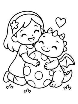 Free printable Girl And Baby Dragon Hugging Egg coloring page