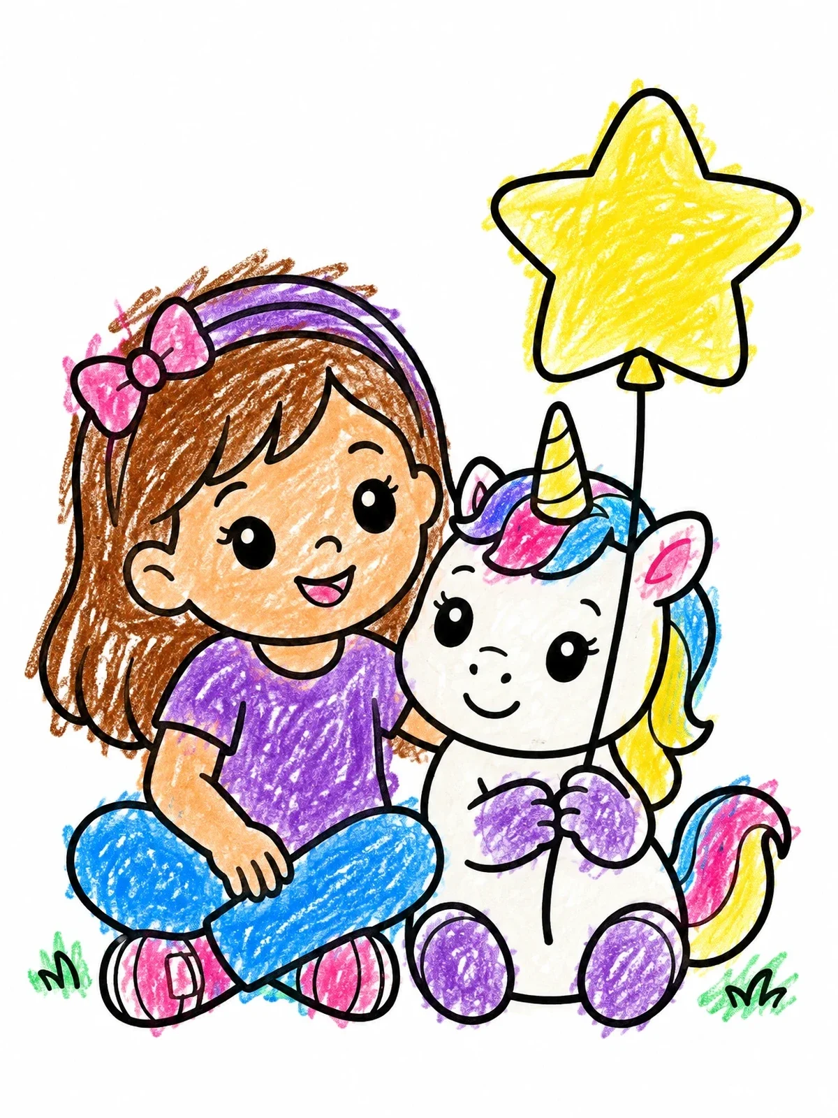 Colored example of the Little Girl And Baby Unicorn With Star Balloon coloring page