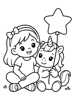 Free printable Little Girl And Baby Unicorn With Star Balloon coloring page