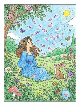 Girl And Bunny Watching Swirling Petals – Flower Petal Coloring Page