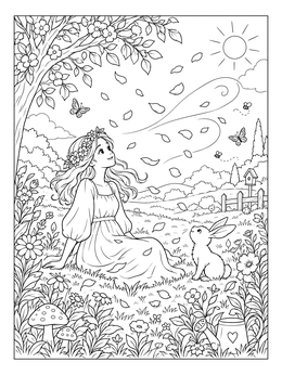 Free printable Girl And Bunny Watching Swirling Petals coloring page