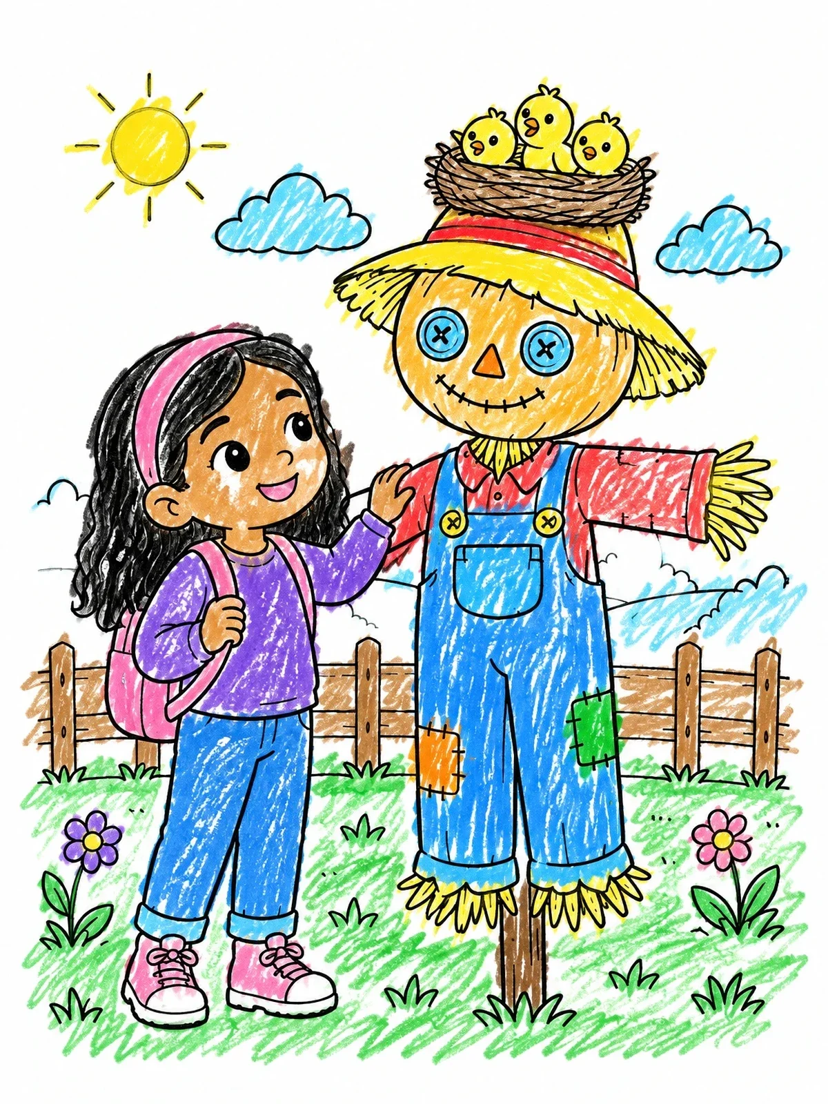 Colored example of the Little Girl And Friendly Scarecrow coloring page