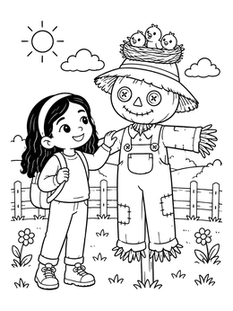 Free printable Little Girl And Friendly Scarecrow coloring page