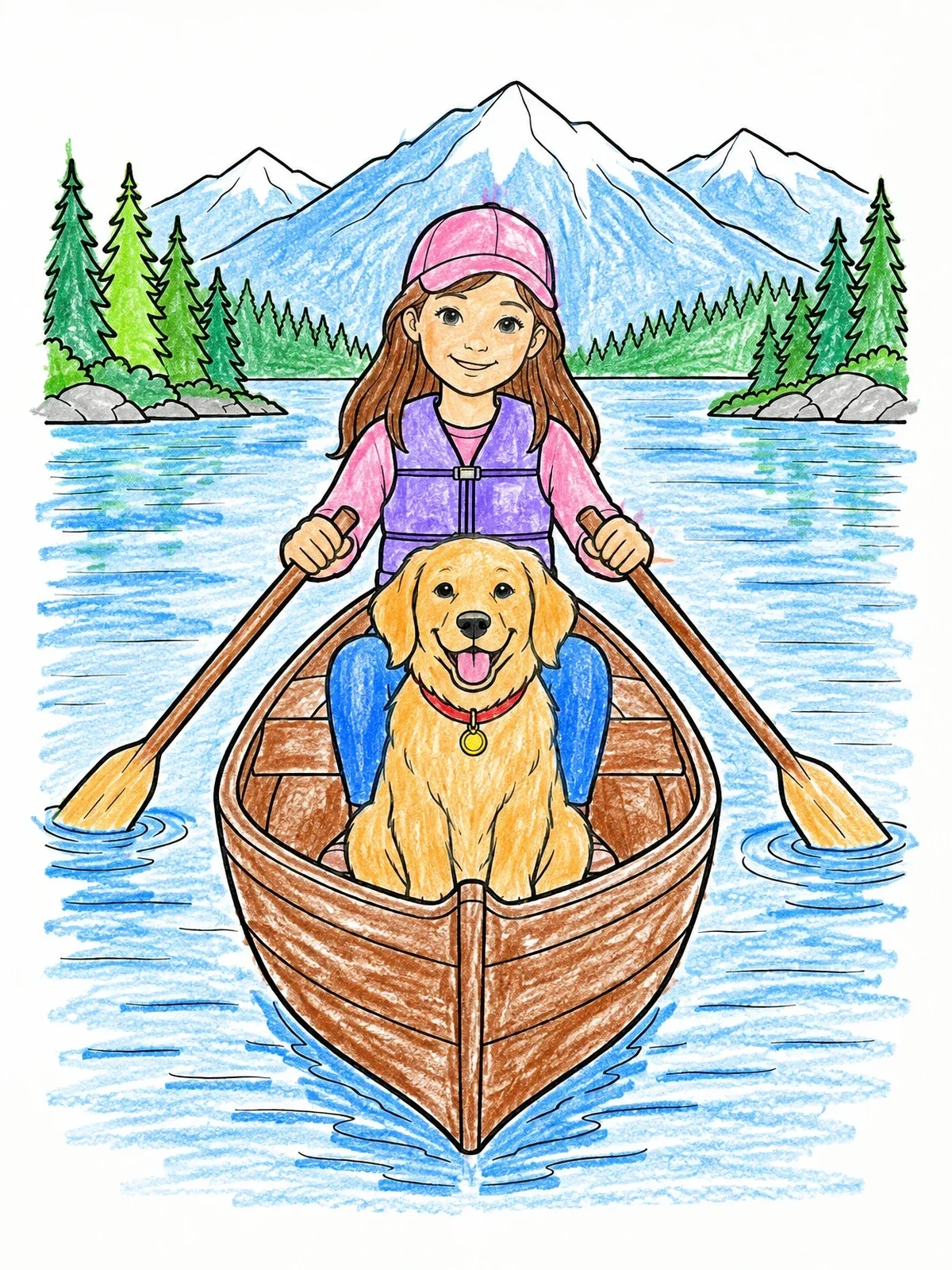 Colored example of the Girl And Dog Rowing Lake Boat coloring page