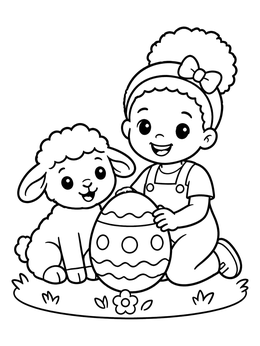 Free printable Girl And Lamb With Easter Egg coloring page