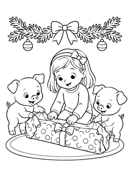 Free printable Girl And Piglets Opening Christmas Present coloring page