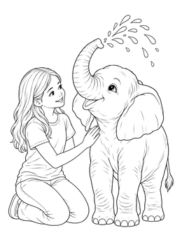 A girl kneeling next to a playful calf in this baby coloring page.