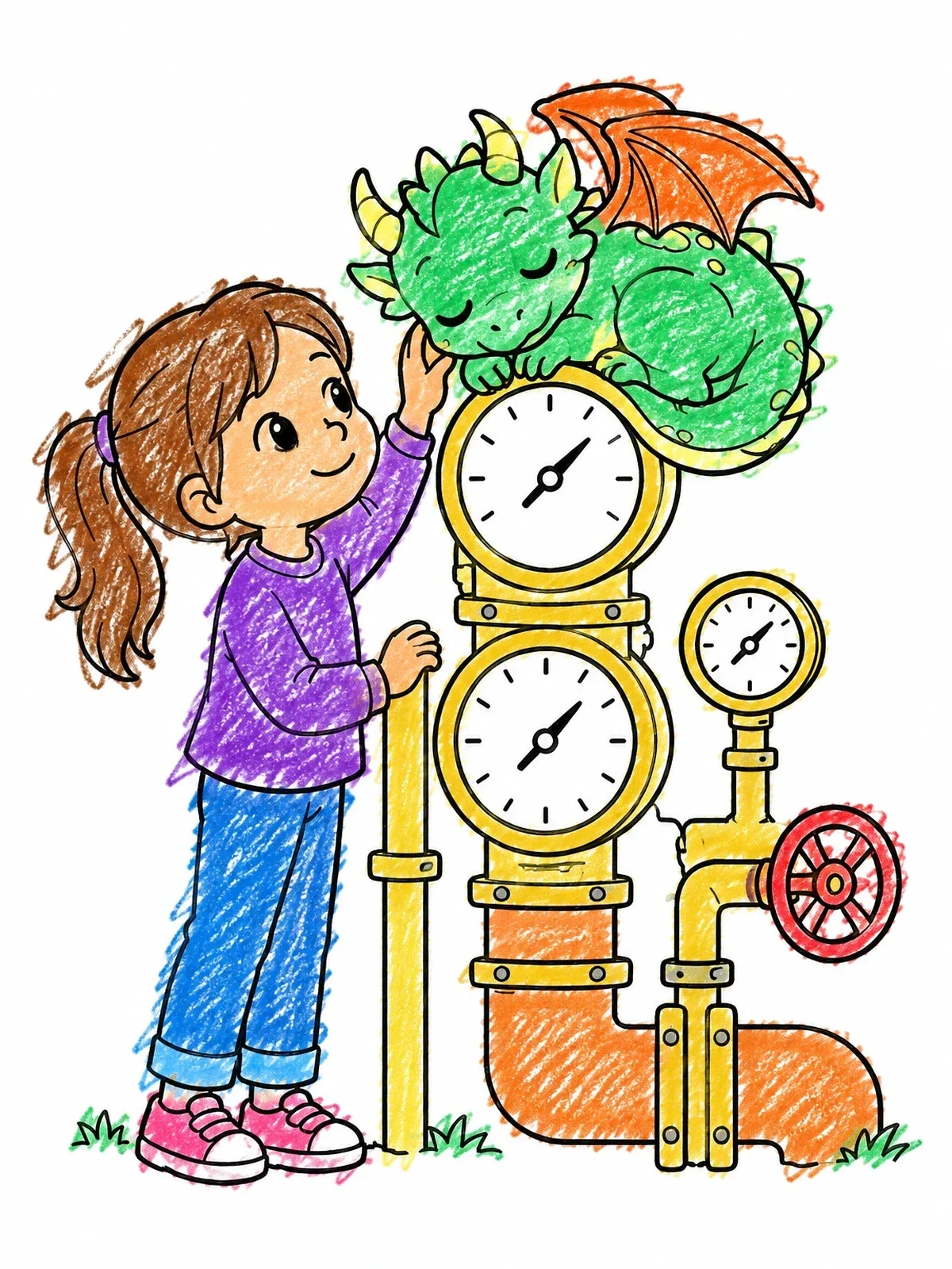 Colored example of the Little Girl And Sleeping Steampunk Dragon coloring page