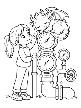 Free printable Little Girl And Sleeping Steampunk Dragon coloring page