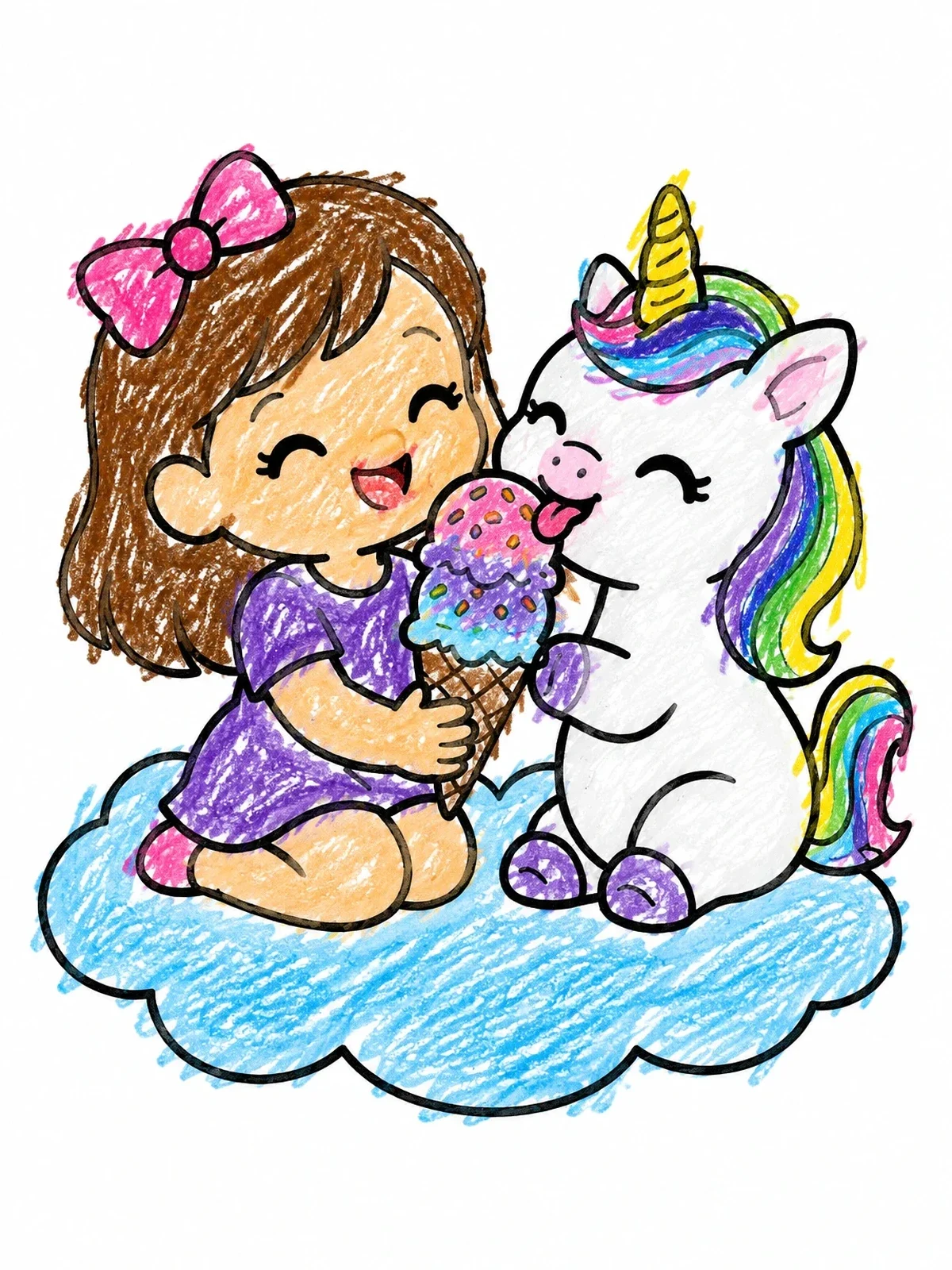 Colored example of the Girl And Unicorn Sharing Ice Cream coloring page