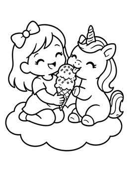 Free printable Girl And Unicorn Sharing Ice Cream coloring page