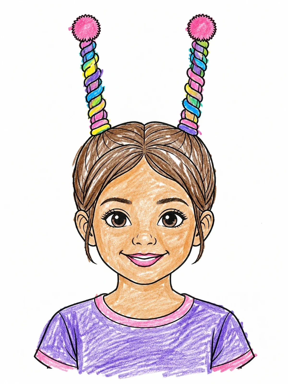 Colored example of the Girl With Antenna Pigtails Hairstyle coloring page