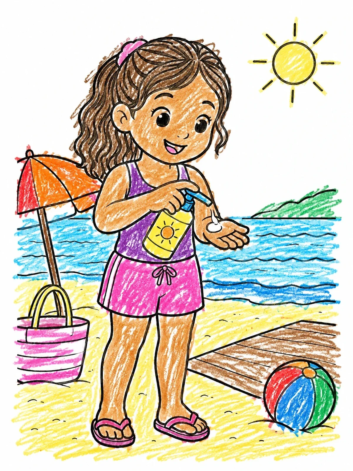 Colored example of the Girl Applying Sunscreen On Beach coloring page