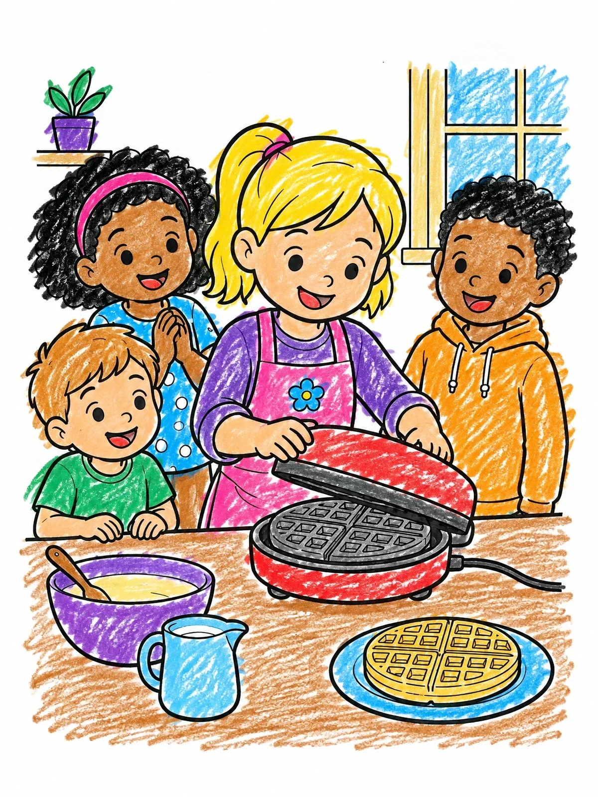 Colored example of the Baking Waffles With Happy Friends coloring page