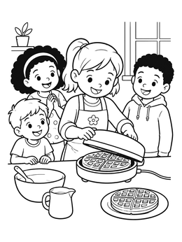 Free printable Baking Waffles With Happy Friends coloring page