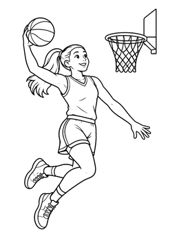 Free printable Girl Jumping For Basketball Dunk coloring page