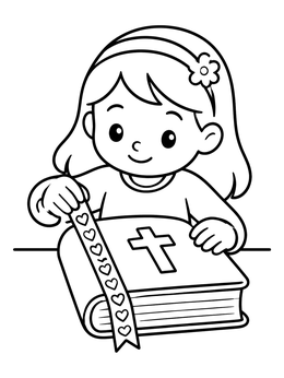 A smiling young girl holding a bookmark on a bible coloring page.