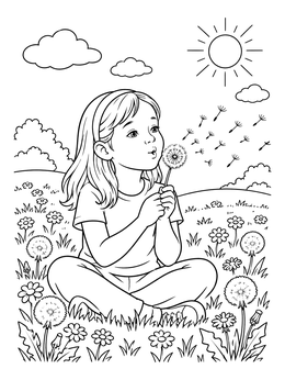 Free printable Girl Blowing Dandelion Seeds Outdoors coloring page