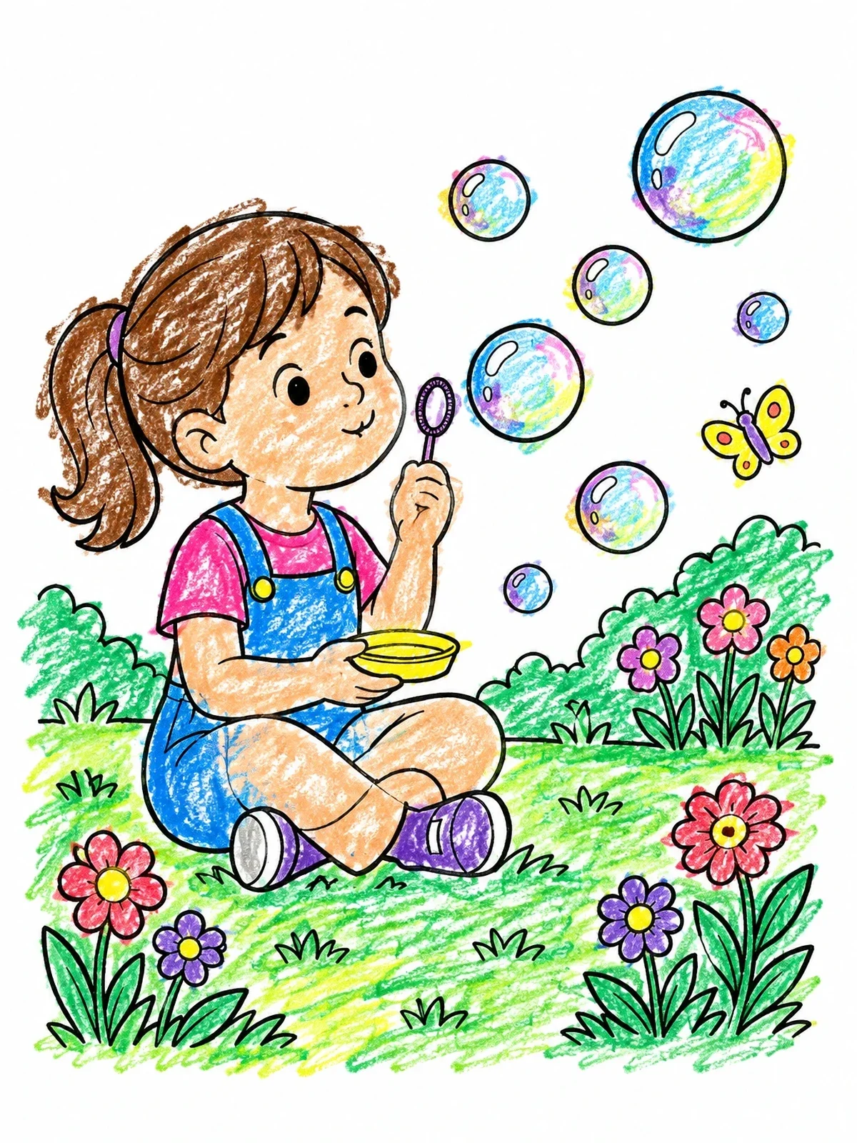 Colored example of the Girl Blowing Soap Bubbles In Garden coloring page