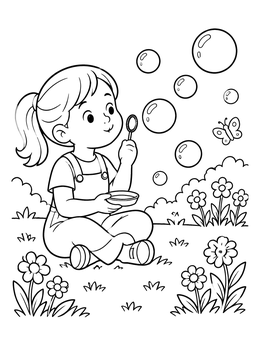 Free printable Girl Blowing Soap Bubbles In Garden coloring page