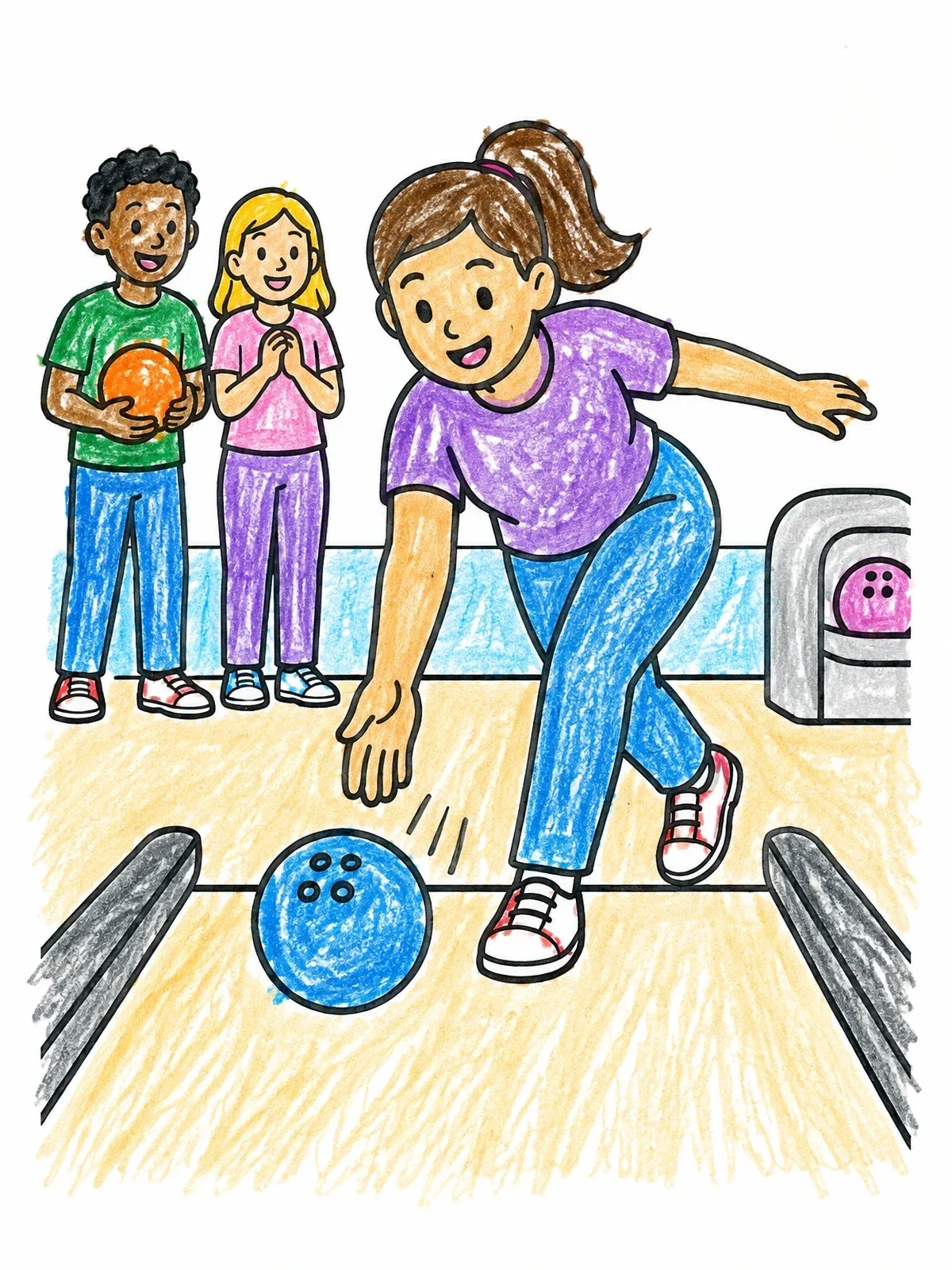 Colored example of the Girl Bowling With Cheering Friends coloring page